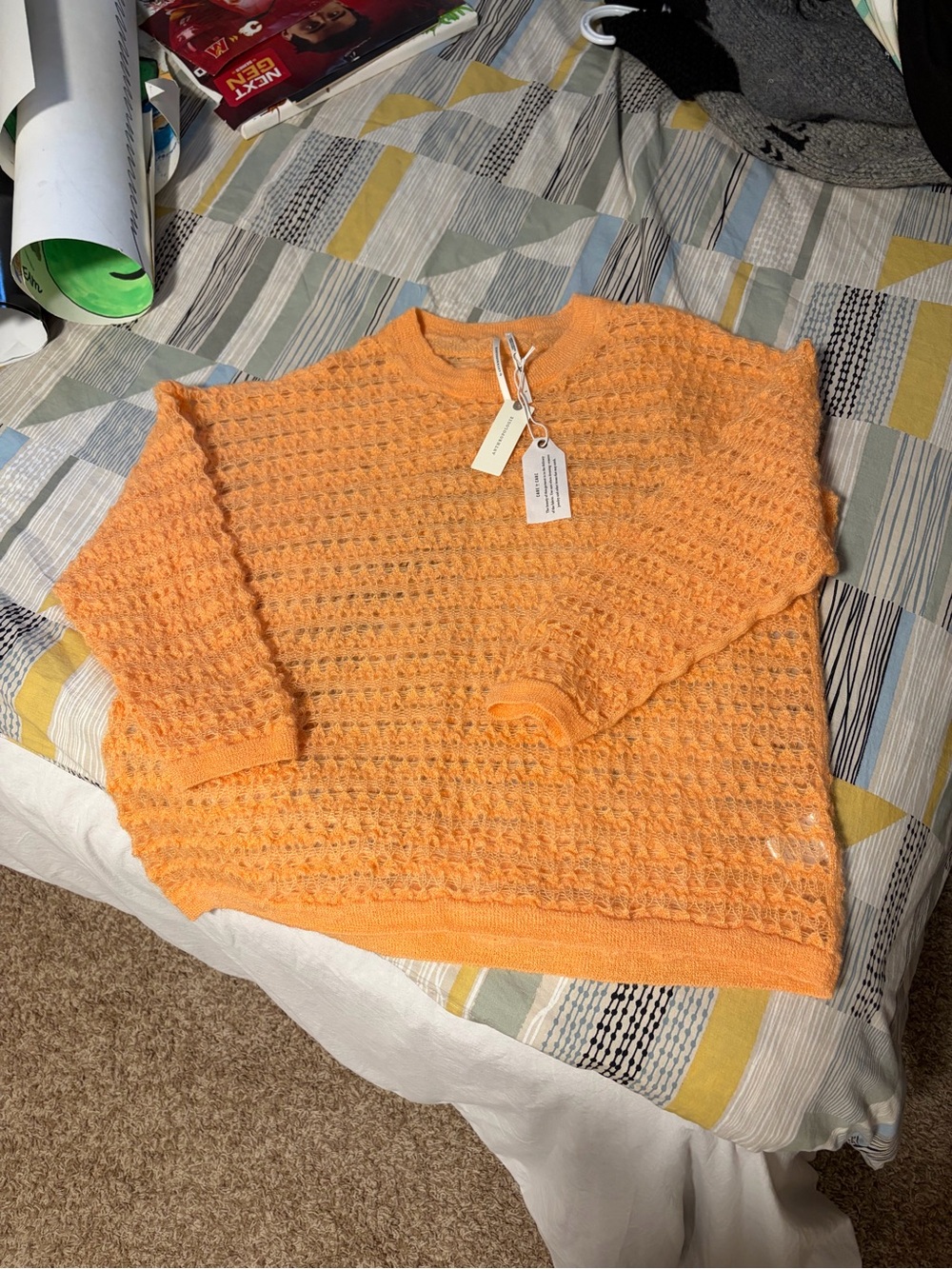 Anthropologie Orange Open-Knit Crewneck Sweater